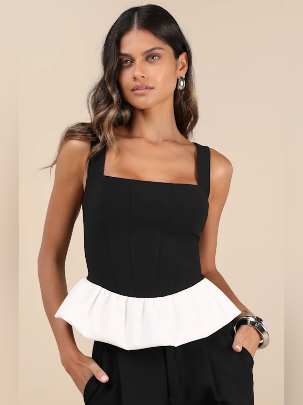Lulu's Black & White Smocked Peplum Top